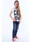 Girls\' blouse with short sleeves and an inscription, white NDZ81690 - Online store - Boutique